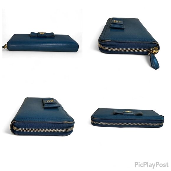 Women's Prada Saffiano Fiocco Leather Long Blue Zippered Ribbon Wallet - Picture 5 of 16
